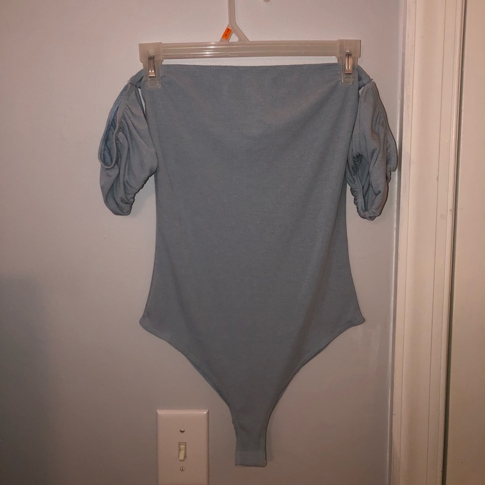 Off the shoulder blue body suit